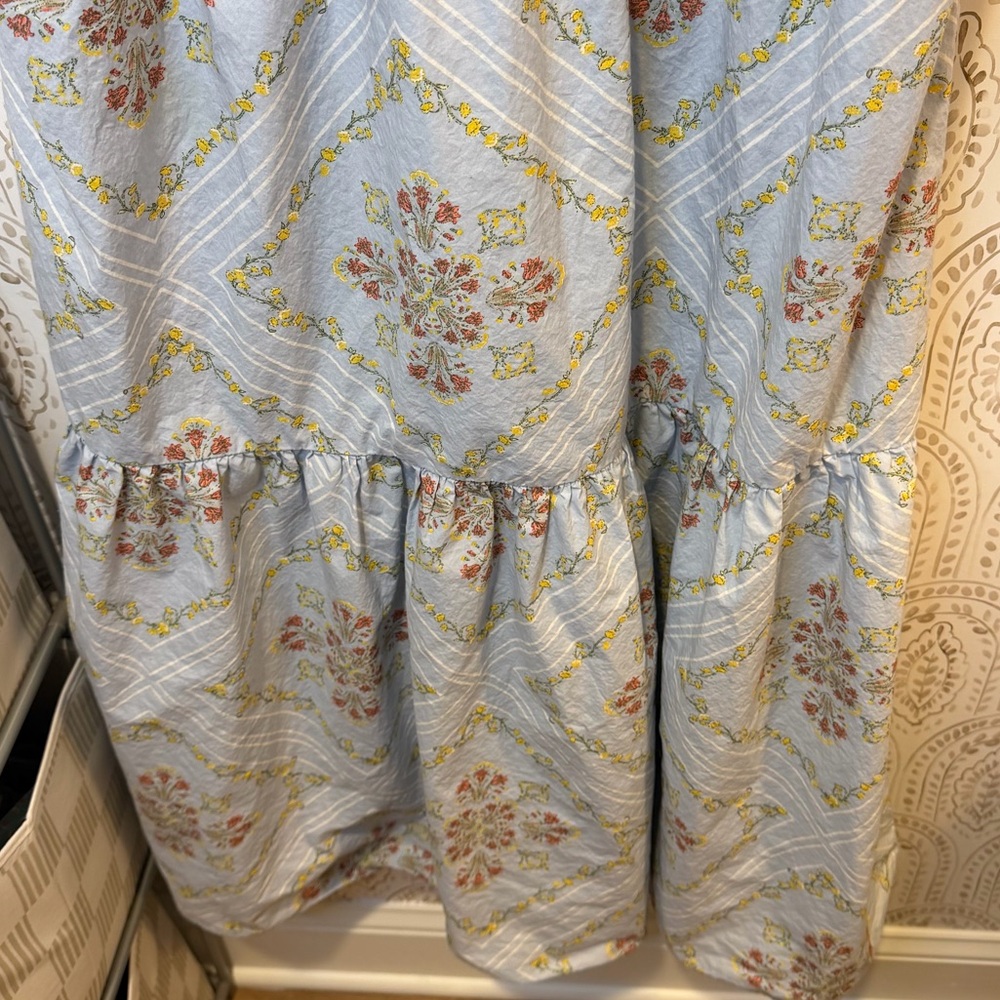 LOFT Blue Floral Midi Dress Puff Sleeves Drawstring Waist Size XL Ann Taylor - Picture 6 of 8